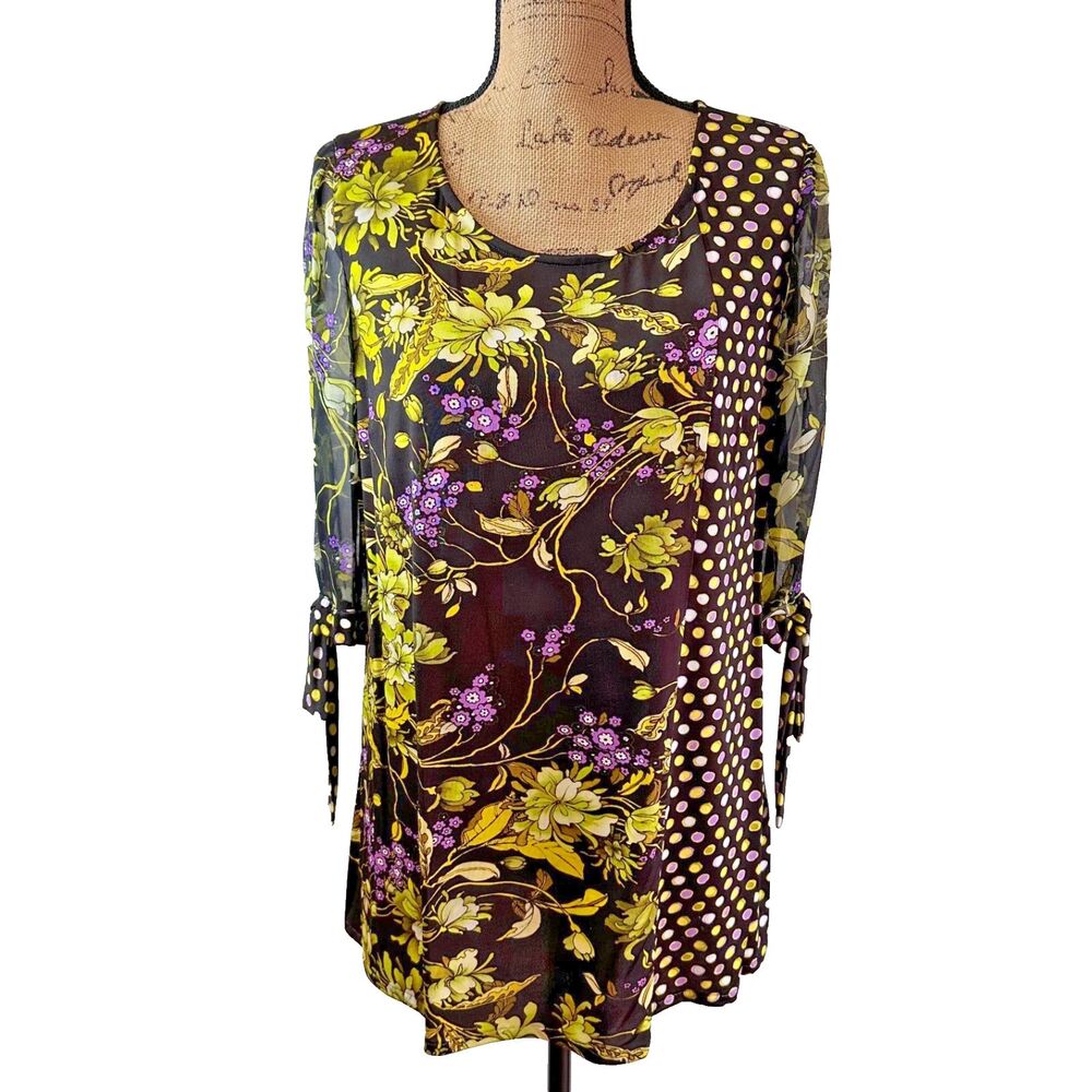 Stizzoli Women's Black Green Floral Sheer Half Sleeve Tunic Blouse Top Sz 10/46